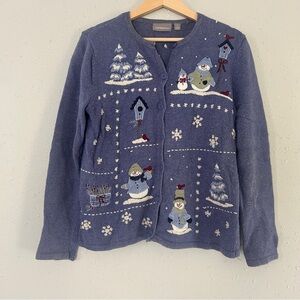Vintage Croft & Barrow Blue Cardigan Sweater Winter Embroidery Ugly Christmas
